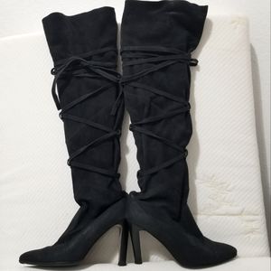 MANOLO  BLAHNIK 39 BLACK SUEDE OVER THE KNEE LACEDUP BOOT